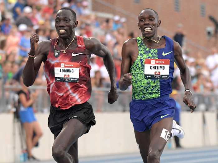 Lopez Lomong and Paul Chelimo compete at the 2019 USATF Championships.